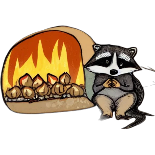 food, concept art, pixel art, cartoon, fire, little, raccoon, sitting transparent PNG cut-out