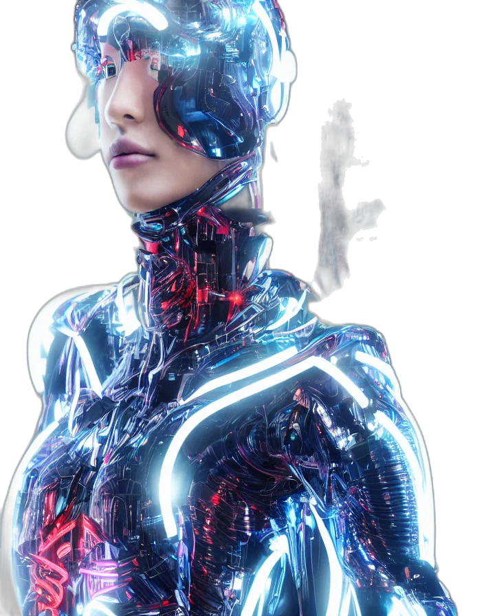 robot, dress, face, cyberpunk, concept art, comic book art, 3d render, neon lights transparent PNG cut-out