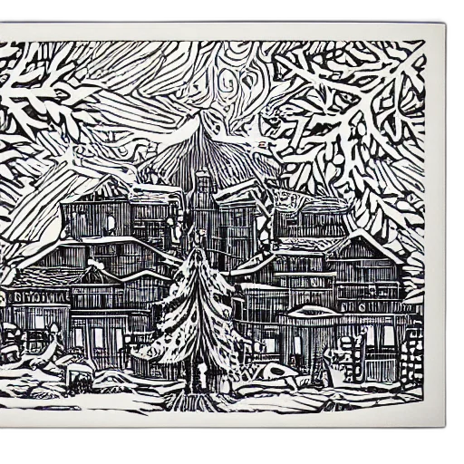 building, concept art, pencil sketch, photorealistic, snow, forest, city street, night transparent PNG cut-out