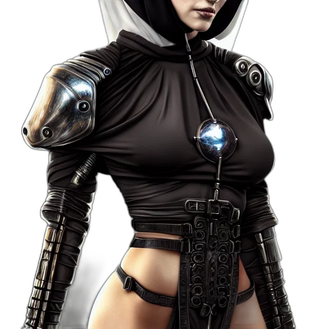 robot, staff, concept art, fantasy art, comic book art, cyberpunk, nun, warrior transparent PNG cut-out