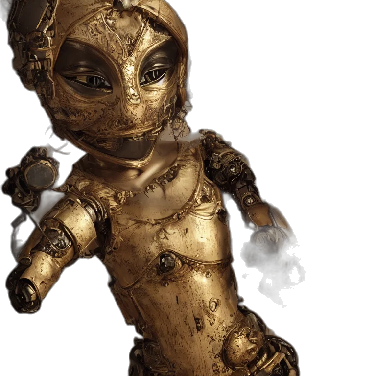 robot, mask, staff, concept art, 3d render, fantasy art, outer space, golden transparent PNG cut-out