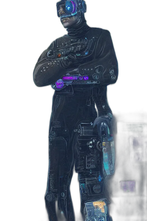 robot, jacket, staff, weapon, cyberpunk, concept art, 3d render, comic book art transparent PNG cut-out