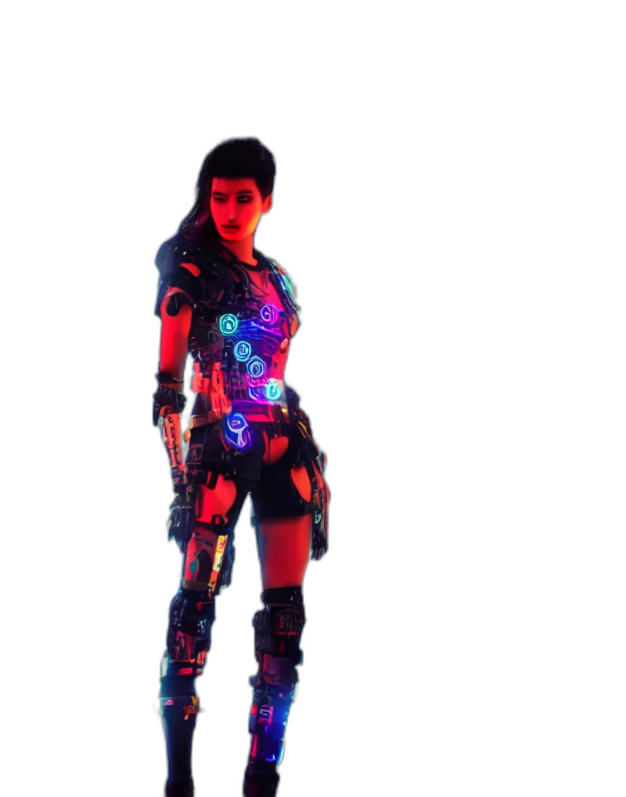 robot, jacket, dress, cyberpunk, 3d render, concept art, vaporwave, neon lights transparent PNG cut-out
