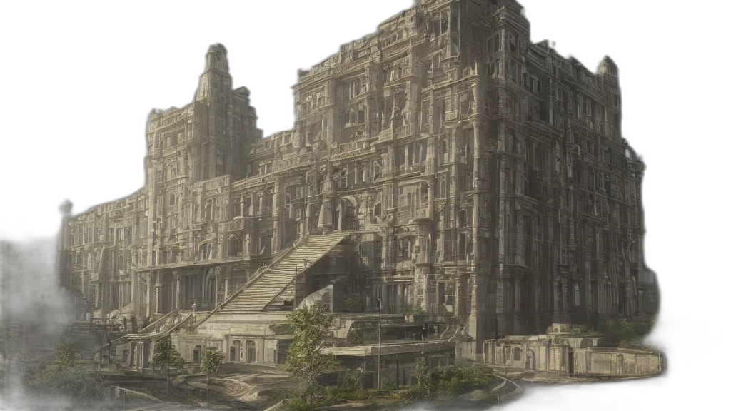building, concept art, 3d render, photorealistic, fantasy art, city street, earth tones, very transparent PNG cut-out