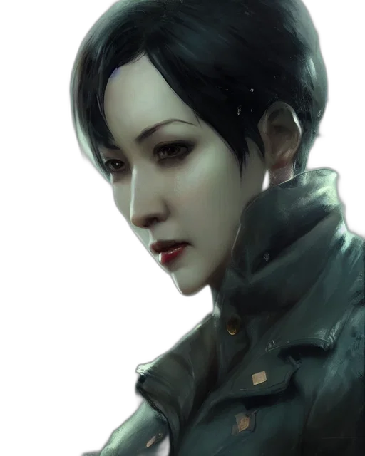 face, jacket, robot, staff, photorealistic, oil painting, concept art, cyberpunk transparent PNG cut-out