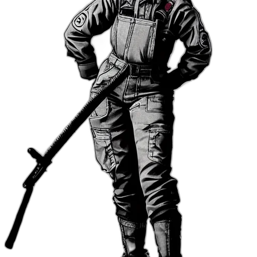 staff, jacket, weapon, robot, concept art, comic book art, cartoon, cyberpunk transparent PNG cut-out