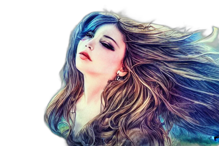 hair, face, dress, photorealistic, fantasy art, oil painting, watercolor, blue transparent PNG cut-out