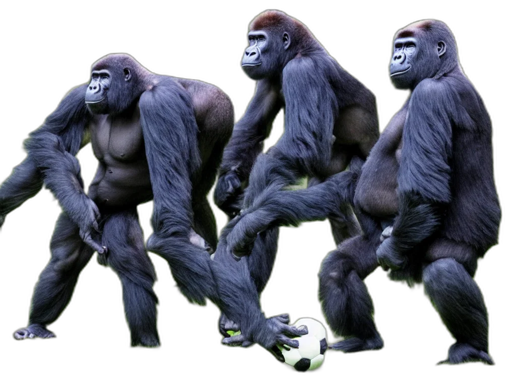 animal, concept art, photorealistic, 3d render, gorilla, playin, soccer, vivid transparent PNG cut-out