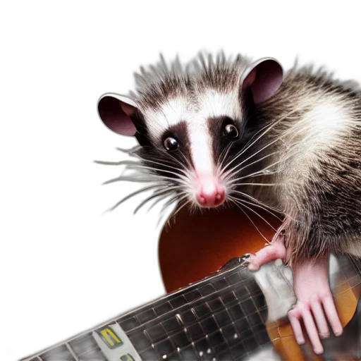 animal, creature, photorealistic, photoshoot, virginia, opossum, hanging, guitar transparent PNG cut-out