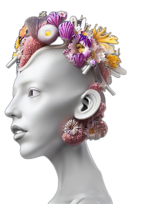 crown, jewelry, flower, photorealistic, 3d render, concept art, cyberpunk, biomechanical transparent PNG cut-out