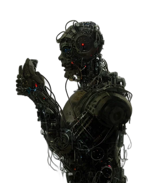 robot, staff, cyberpunk, concept art, 3d render, comic book art, half, masked transparent PNG cut-out
