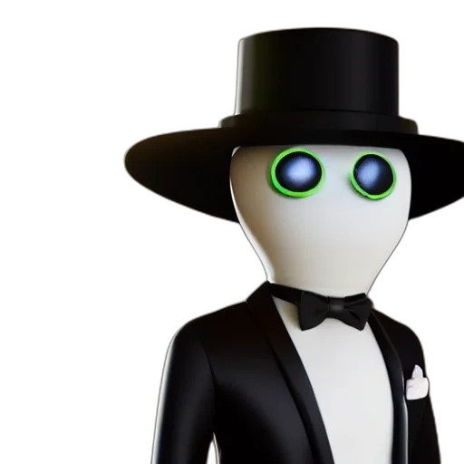 robot, hat, 3d render, concept art, alien, wearing, tuxedo, bowler transparent PNG cut-out