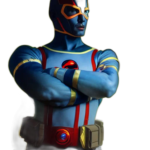 robot, mask, staff, face, 3d render, concept art, comic book art, blue transparent PNG cut-out