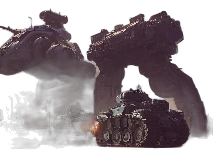 robot, weapon, concept art, 3d render, fantasy art, fog, two, legged transparent PNG cut-out