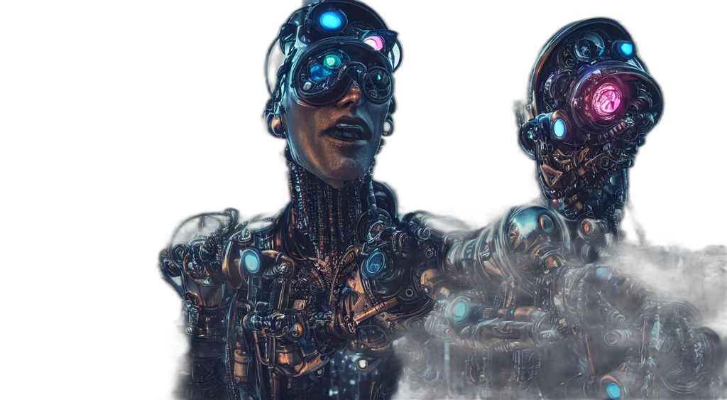robot, cyberpunk, concept art, 3d render, comic book art, outer space, blue, fish transparent PNG cut-out