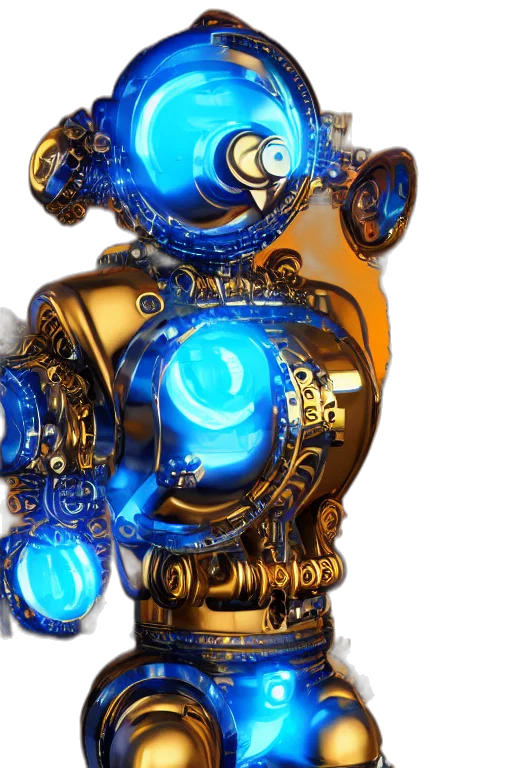 robot, jewelry, weapon, 3d render, concept art, cyberpunk, blue, portrait transparent PNG cut-out