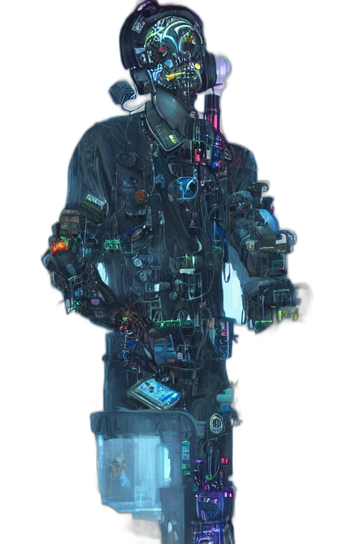 jacket, robot, staff, face, cyberpunk, concept art, vaporwave, 3d render transparent PNG cut-out