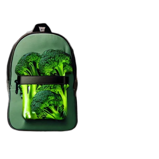 3d render, photorealistic, concept art, green, backpack, full, broccoli, sits transparent PNG cut-out