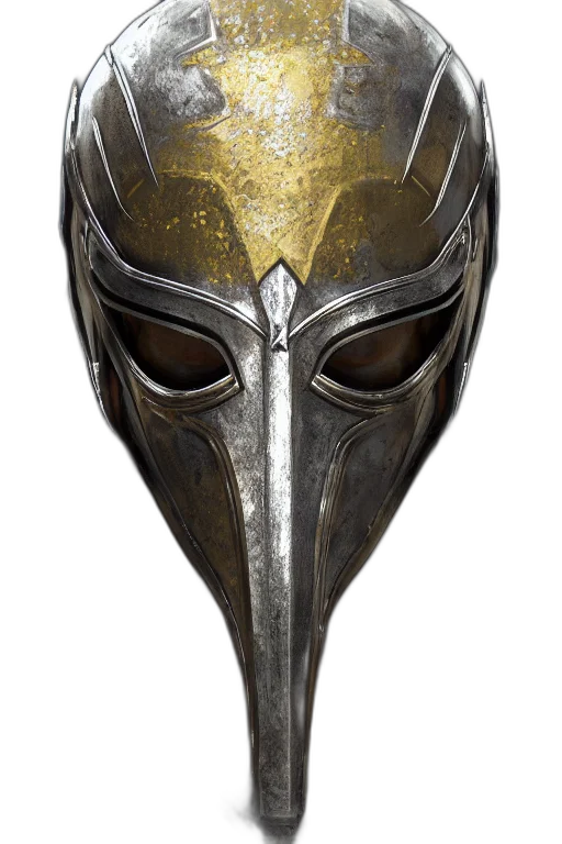mask, face, sword, crown, concept art, fantasy art, 3d render, golden transparent PNG cut-out