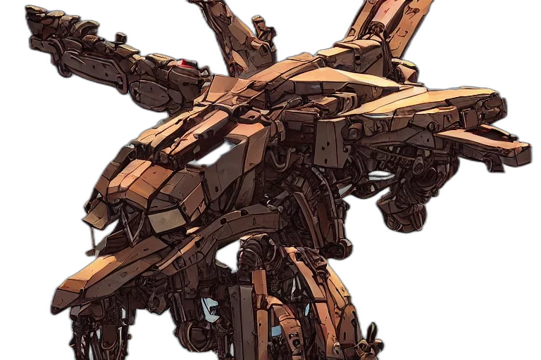 robot, weapon, concept art, 3d render, pixel art, comic book art, earth tones, golden transparent PNG cut-out