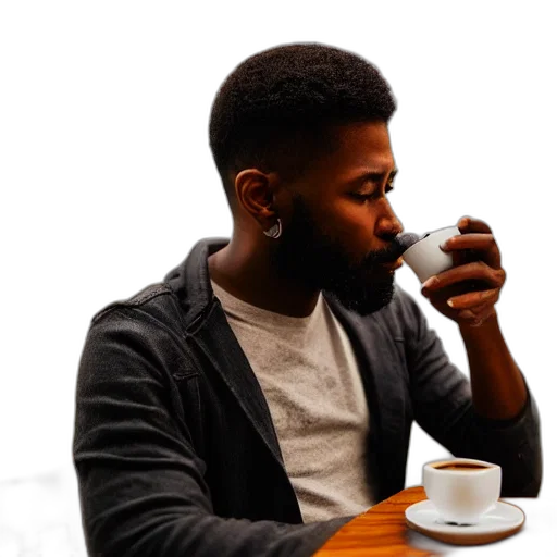 face, photorealistic, black, man, drinking, coffee, sony, symmetric transparent PNG cut-out