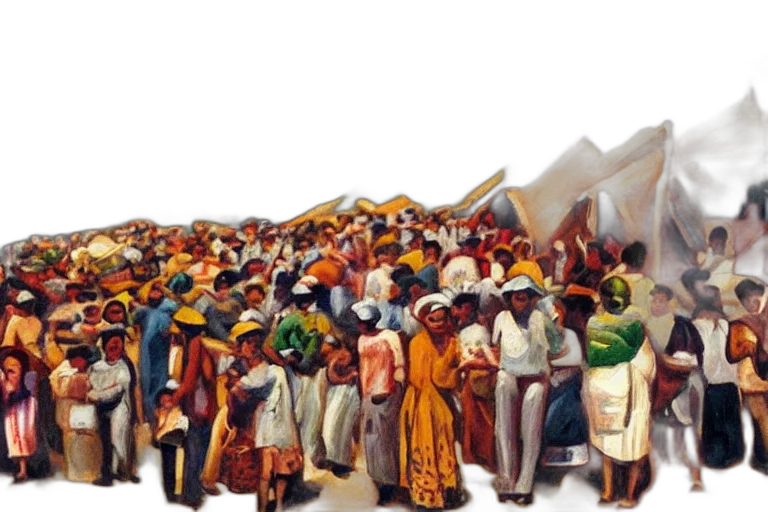 concept art, oil painting, photorealistic, city street, beach, painting, immigrants, brazil transparent PNG cut-out