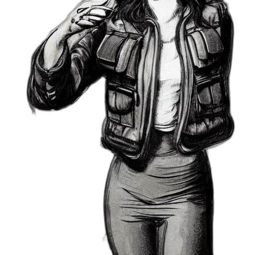 jacket, comic book art, concept art, pencil sketch, cartoon, monochrome, girl, wearing transparent PNG cut-out