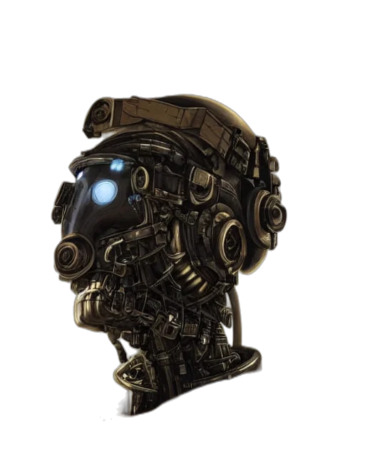 robot, mask, face, crown, cyberpunk, concept art, 3d render, photorealistic transparent PNG cut-out