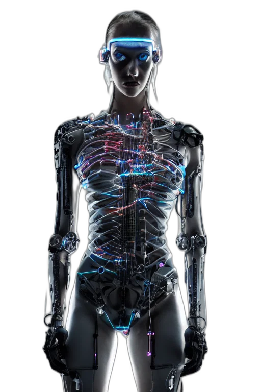 robot, dress, cyberpunk, concept art, 3d render, comic book art, neon lights, beautifull transparent PNG cut-out
