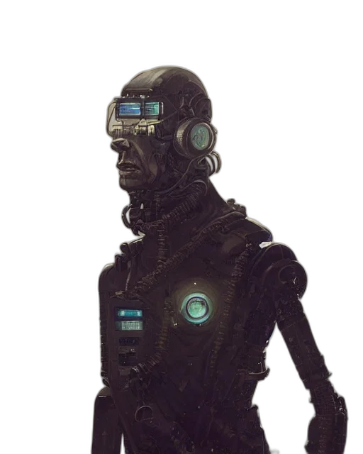 robot, staff, jacket, creature, cyberpunk, concept art, 3d render, pixel art transparent PNG cut-out