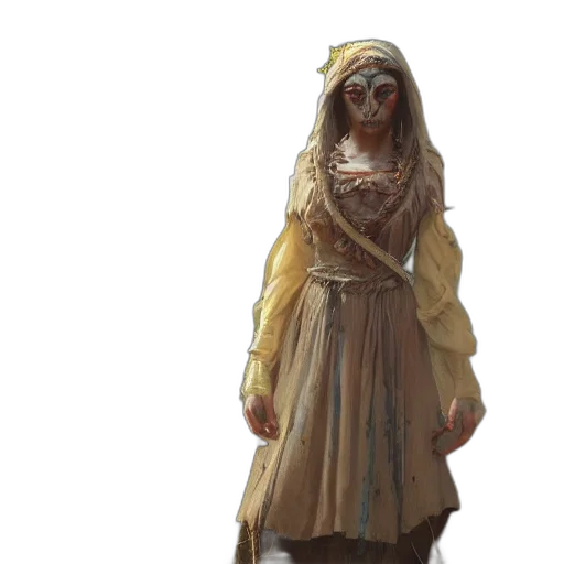 dress, mask, staff, creature, concept art, fantasy art, 3d render, photorealistic transparent PNG cut-out