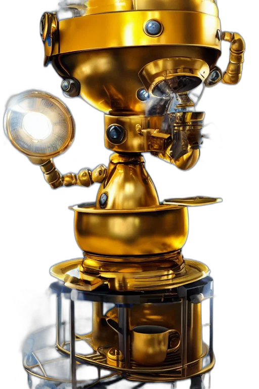 robot, staff, weapon, jewelry, 3d render, concept art, golden, portrait transparent PNG cut-out