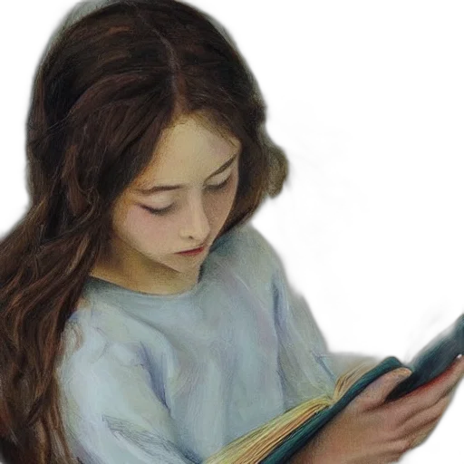 oil painting, photorealistic, watercolor, fantasy art, snow, girl, reading, book transparent PNG cut-out