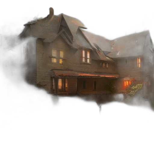 building, concept art, fantasy art, photorealistic, 3d render, fog, fire, city street transparent PNG cut-out