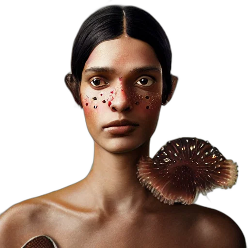 mask, hair, face, jewelry, concept art, photorealistic, fantasy art, 3d render transparent PNG cut-out
