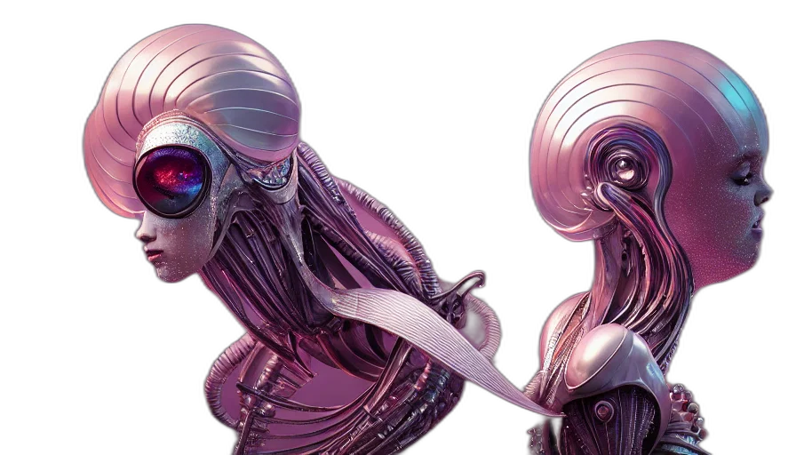 creature, robot, hair, concept art, 3d render, cyberpunk, fantasy art, outer space transparent PNG cut-out