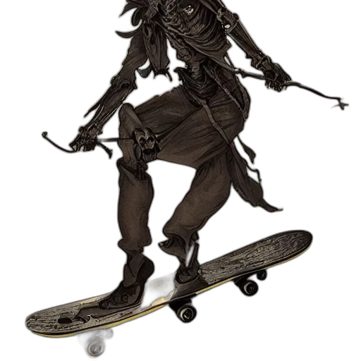 concept art, 3d render, photorealistic, fantasy art, skeleton, woman, riding, skateboard transparent PNG cut-out