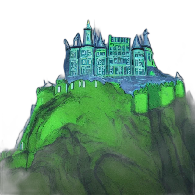 building, crown, concept art, fantasy art, watercolor, pixel art, fog, green transparent PNG cut-out