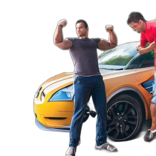 car, 3d render, super, strong, man, lifting transparent PNG cut-out