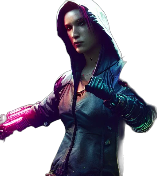 jacket, weapon, cyberpunk, concept art, comic book art, pixel art, charismatic, rugged transparent PNG cut-out