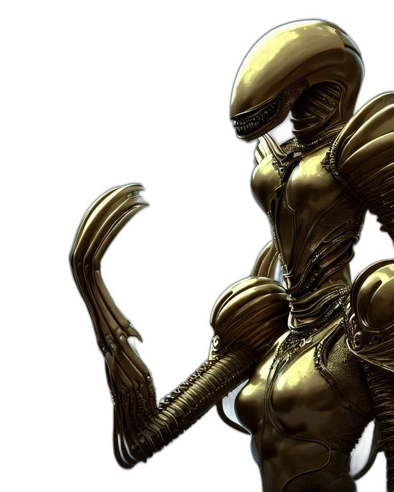 robot, creature, concept art, 3d render, fantasy art, comic book art, outer space, golden transparent PNG cut-out