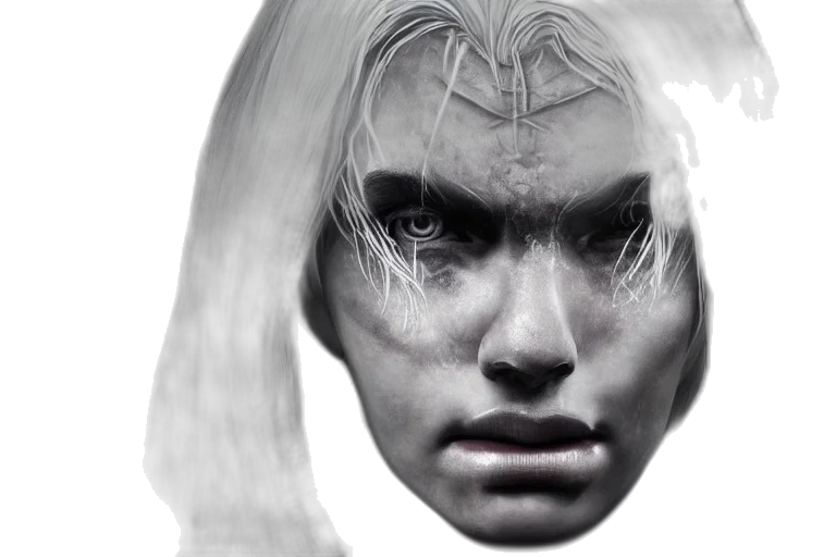 face, hair, mask, photorealistic, concept art, fantasy art, 3d render, brutalist transparent PNG cut-out