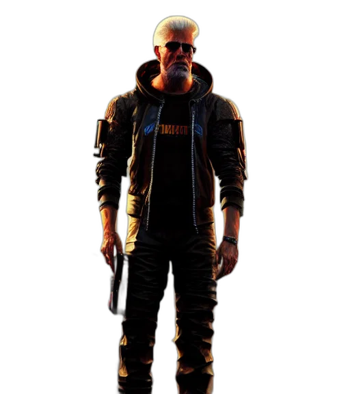 jacket, staff, weapon, concept art, cyberpunk, 3d render, pixel art, golden transparent PNG cut-out