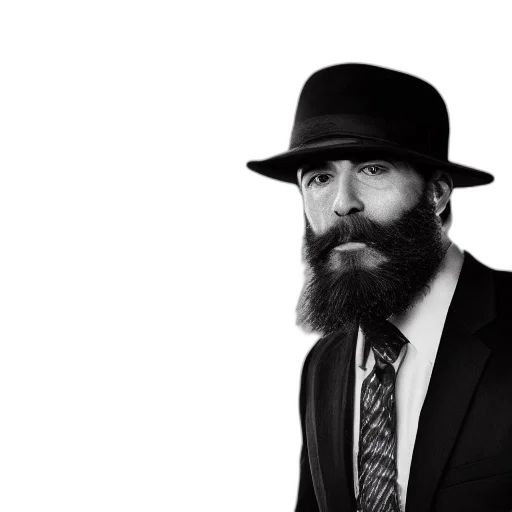 hat, face, photorealistic, cartoon, bearded, rugged, man, noir transparent PNG cut-out