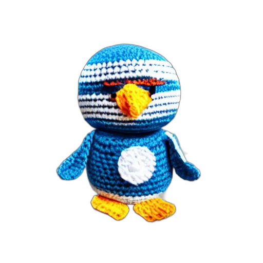 robot, staff, pixel art, 3d render, blue, crocheted, penguin, doll transparent PNG cut-out