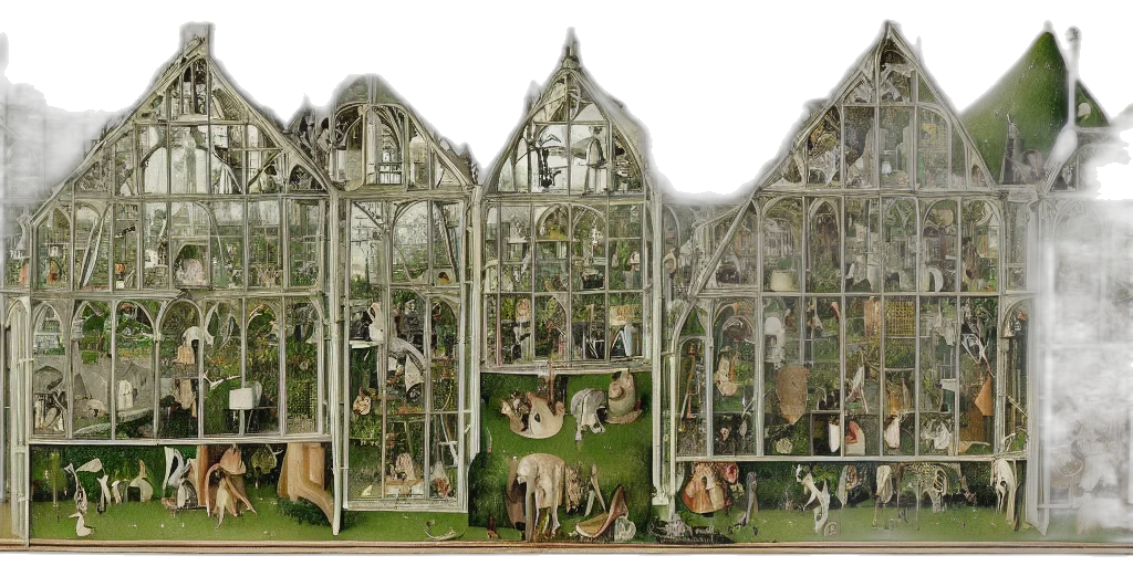 concept art, 3d render, forest, greenhouse, side, view, cutaway, intricate transparent PNG cut-out