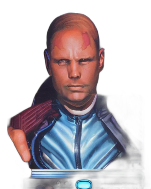 jacket, face, robot, staff, concept art, photorealistic, comic book art, cyberpunk transparent PNG cut-out