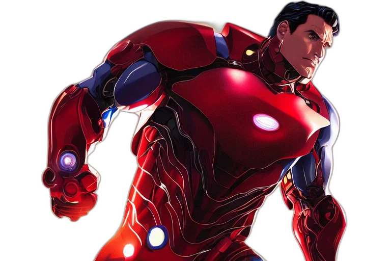 comic book art, concept art, 3d render, red, superman, ironman, black, suit transparent PNG cut-out