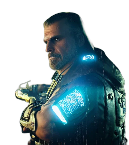 robot, face, weapon, cyberpunk, concept art, comic book art, 3d render, neon lights transparent PNG cut-out