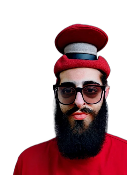 hat, face, mask, hair, photorealistic, 3d render, cartoon, red transparent PNG cut-out
